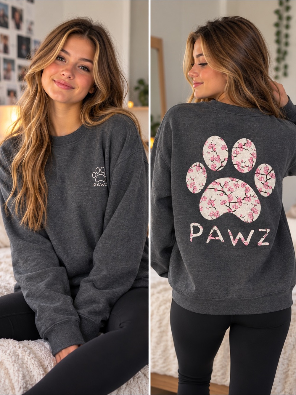 Gildan Charcoal Crewneck Sweatshirt with Pink Floral Paw Print